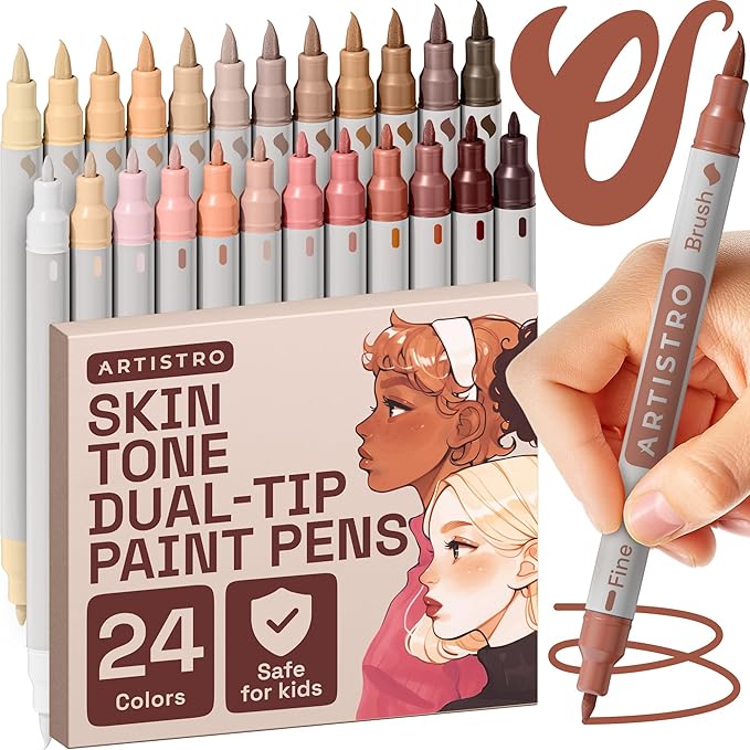 ARTISTRO 24 Skin Tone Acrylic Paint Markers - Paint Pens for Calligraphy, Brush + Fine Tips - For Fabric, Rock, Glass, Wood, DIY, Craft, Canvas - Art and Craft Supplies for Adults, Teens, Kids