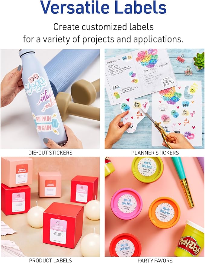 Avery Printable Sticker Paper, 8.5" x 11", Matte White, Repositionable Adhesive, Laser/Inkjet Compatible, 5 Full-Size Label Sheets, Great for Product Branding, Cute Stickers, Crafts, and More (53202)