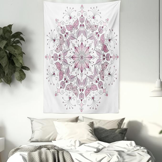 Ambesonne Mandala Tapestry, Lacy Inspired Pastel Floral Motif with Butterfly and Lotus Branches Design, Wall Hanging for Bedroom Living Room Dorm Decor, 40" X 60", White Pale Pink