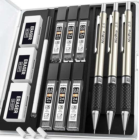 Nicpro 0.5 mm Art Mechanical Pencil Set in Storage Case, 3 PCS Metal Drafting Pencil Lead Pencil with 6 Tube HB Refills, 3 Erasers, 9 PCS Eraser Refills for Artist Writing, Drawing, Sketching