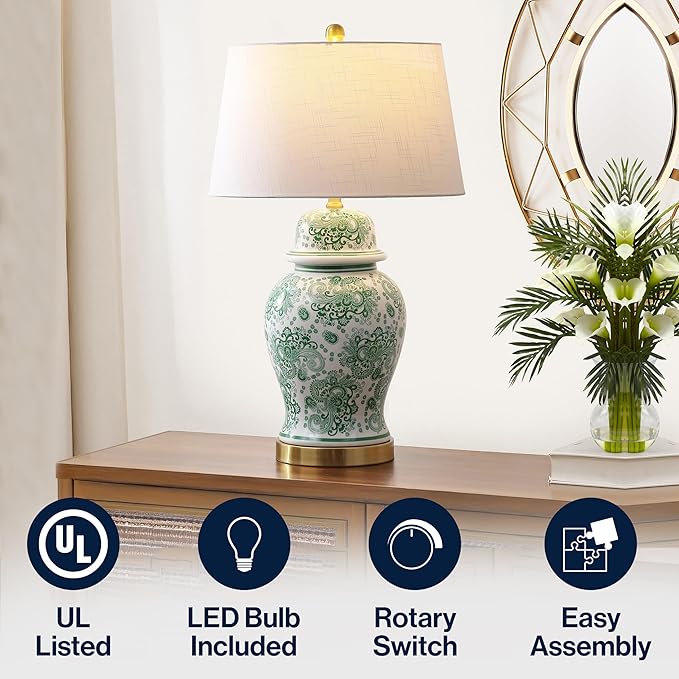 JONATHAN Y 29.5" Green/White Ceramic Table Lamp for Living Room and Office, White Linen Drum Shade, Traditional Chinoiserie Ginger Jar Lamp, LED Bulb Included (JYL3008D)