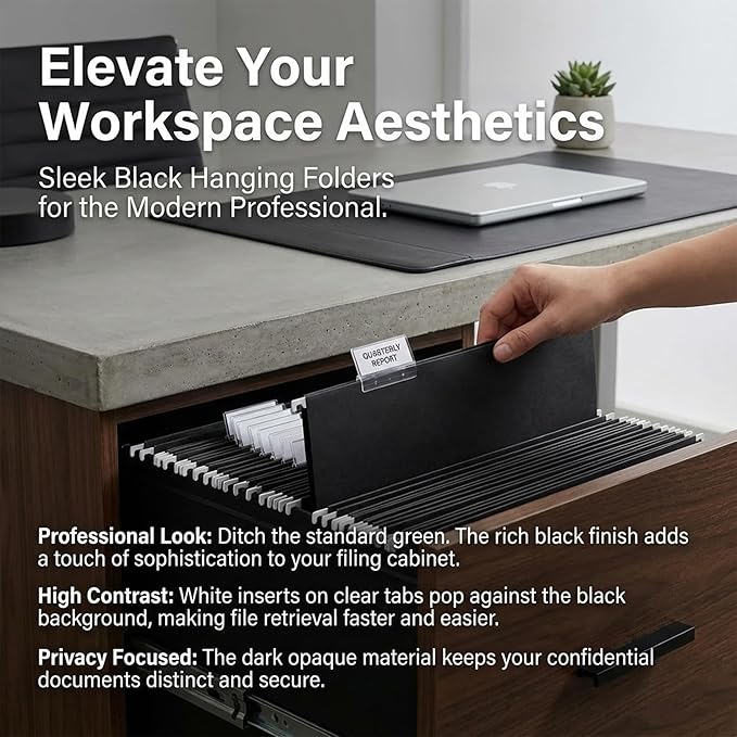 Black Hanging File Folders,25 Packs Letter Size File Folder,Designed for Bulky Files,Filing Cabinet,1/5 Adjustable Tabs for Office,School,Home