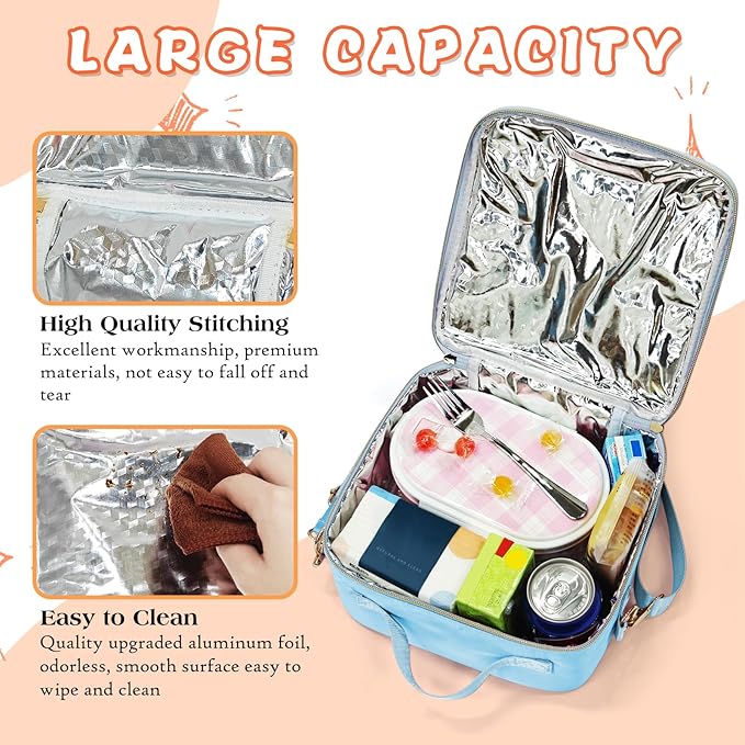 Insulated Lunch Bag Women Lunch Box Kids for Teen Girls Boys, Cute Preppy Lunch Boxes With Adjustable Shoulder Strap, Waterproof Nylon Lunchbox Lunch Bags for School Work Picnic (Blue)