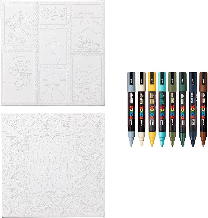 POSCA Canvas Paint by Number Kit, Boho - 8 Markers with 2 Pre-Drawn Canvases - For All Artists and Holiday Gifting