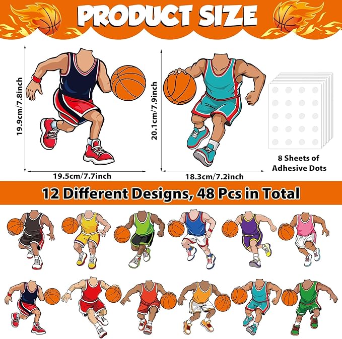 48 Set Basketball Bulletin Board Decors Basketball Players Cutouts Basketballs Jersey Paper Cut-Outs Classroom Decor for Boys DIY Craft Photo Sports Theme Party School Home Wall Chalkboard Supply