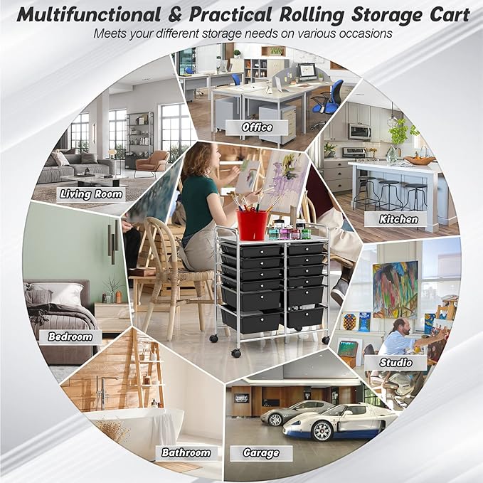 COSTWAY 12-Drawer Rolling Storage Cart, Moveable Art Craft Organizer W/Lockable Wheels, Metal Shelf, Files Arrangement Tools Makeup Storage Cart for Office, Home, School (Black)