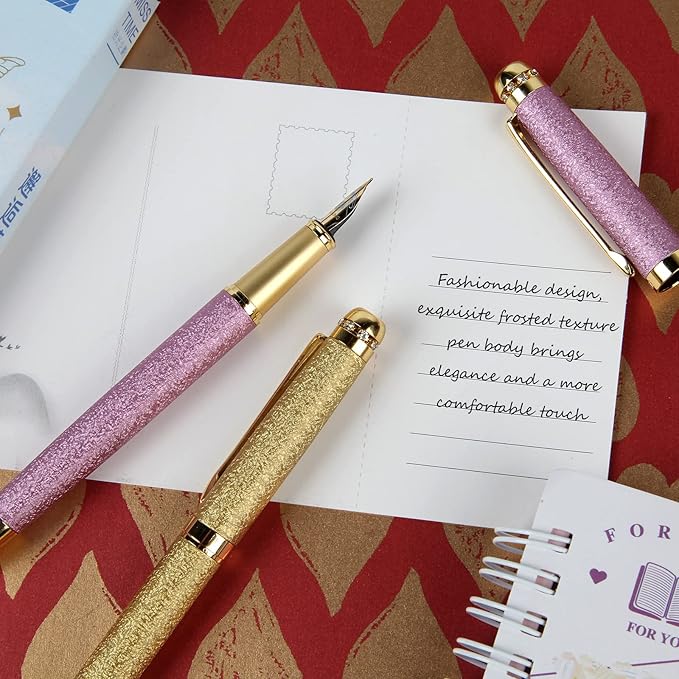 fountain pen-Multiple color styles with rhinestone,diamond inlay and frosted finish,Cute pens,Luxury pen,Office pens,Best pen set,Includes 10 Ink Cartridges and Ink Refill Converter(Gold)