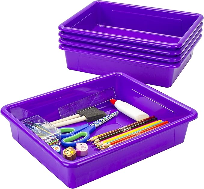 Storex Letter Size Flat Storage Tray – Organizer Bin for Classroom, Office and Home, Violet, 5-Pack (62521A05C), 10 x 13 x 3 Inches