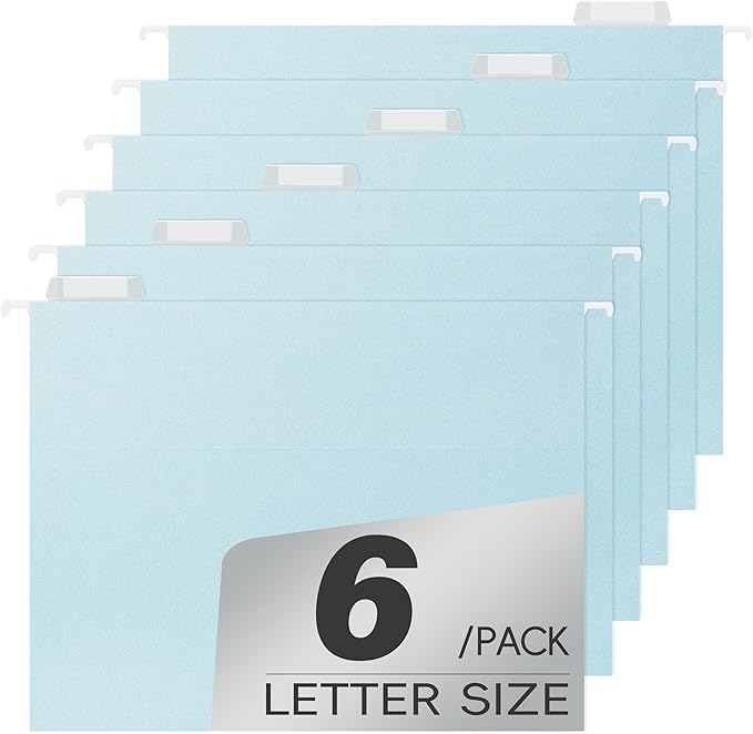 High Capacity Blue Hanging File Folders,Pastel Colors,Heavy Duty for Filing Cabinet,Insertable Tabs,Letter Size-6 Pack