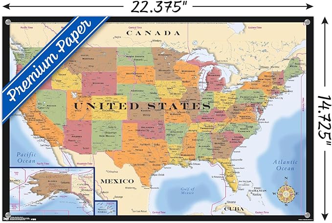 Map - USA Time Zones Wall Poster with Push Pins