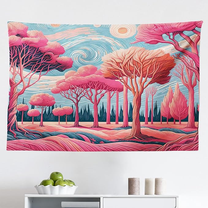 Ambesonne Trees Tapestry, Surreal Post-Impressionism Themed Woodland of Dreamy Sky and Tree Pattern, Fabric Wall Hanging Decor for Bedroom Living Room Dorm, 45" X 30", Pink Coral Blue Grey