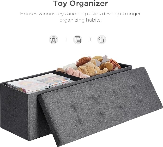 SONGMICS 43 Inches Folding Storage Ottoman Bench, Set of 2, Storage Chest, Foot Rest Stool, Bedroom Bench with Storage, Dark Gray, ULSF431G01
