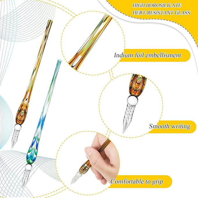 Zonon 6 Pieces Handmade Glass Dip, Crystal Glass Signature Calligraphy Vintage Dip Ink Pen Borosilicate Present Pen for Writing Drawing Decoration(Stylish Color,Bright Style)