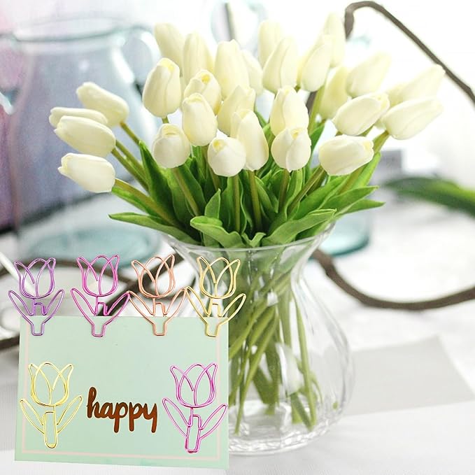 20 Pcs Metal Flower Paper Clips Set - Cute Large Decorative Paperclips for File Organization, School, Home Office and Wedding Decor 4 Colors (TULIPFLOWER)