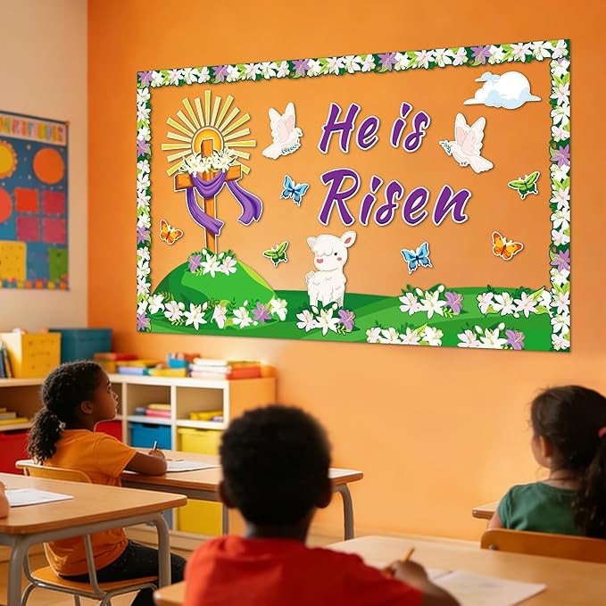 Easter Bulletin Board Decorations, 59Pcs Christian Bulletin Board Sets, He is Risen Bulletin Board Decorations, Cross Butterflies Floral Easter Religious Decorations for Sunday School Church Decor