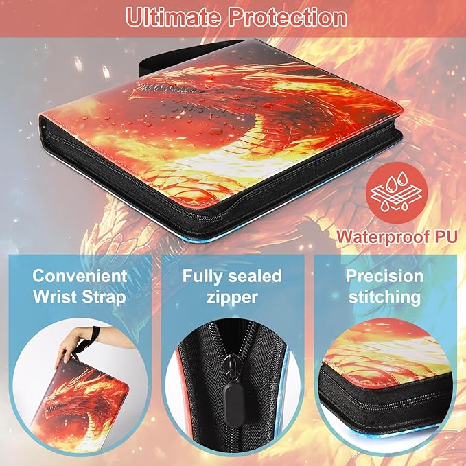 Fire & Ice Dragon 9 Pocket Trading Card Binder Album, Holds 900 Cards with 50 Removable Double-Sided Sleeves, Waterproof PU Leather Zipper Binder for TCG, MTG, Sports Cards