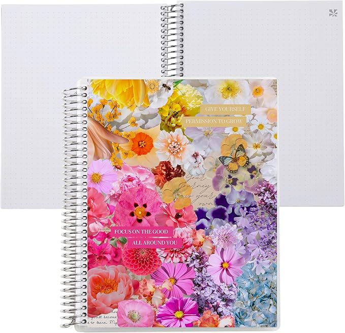 Erin Condren 8.5x11 Floral Collage Coiled Notebook - dot grid, platinum coil