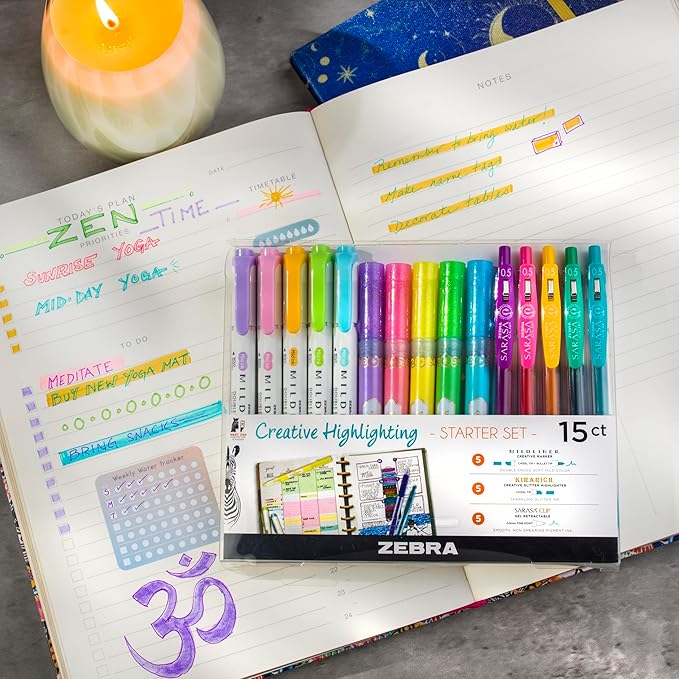 Zebra Pen Creative Starter Set 15-Pack, Includes 5 Kirarich Highlighters, 5 Mildliner Creative Markers, and 5 Sarasa Clip Retractable Gel Pens, Assorted Ink Colors, Ideal For Journaling (76015)