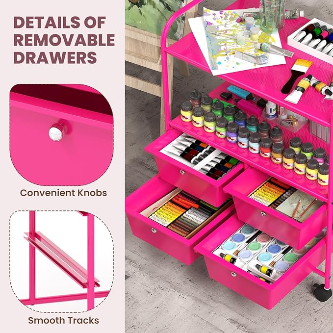 COSTWAY 4-Drawer Storage Cart, Mobile Storage Organizer w/Steel Frame & 360° Wheels, 4-Drawer Utility Cart for Living Room, Kitchen, Bathroom & Office, Hot Pink