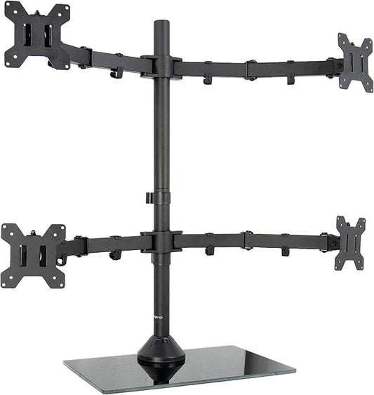 VIVO Black Adjustable Quad Monitor Desk Stand Mount, Free Standing Heavy Duty Glass Base, Holds 4 Screens up to 27 inches, STAND-V004FG