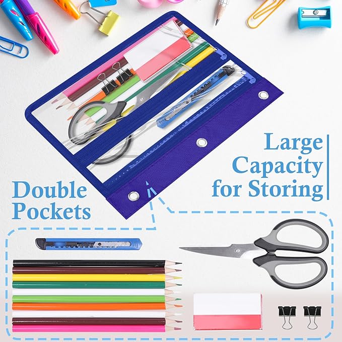 YoeeJob 24 Pack Zipper Pencil Pouches for 3 Ring Binder, 1.5 Inch Expandable with 2 Pockets and Clear Window for School and Office （Blue）