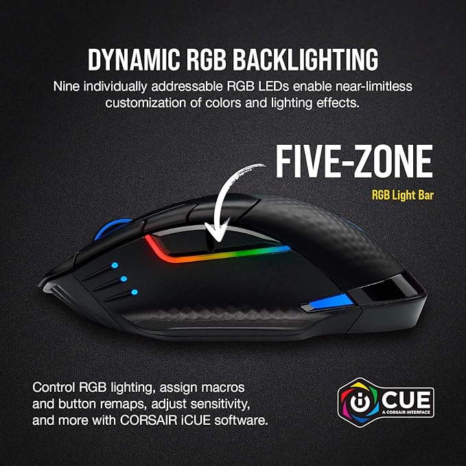 Corsair Dark CORE RGB PRO Wireless/Wired FPS MOBA Gaming Mouse – 18,000 DPI, Fast Response Time, 8 Programmable Side Buttons, Dynamic Multi-Color Backlighting – Black