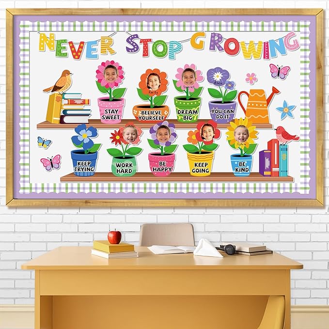 Aneco Never Stop Growing Bulletin Board Decorations Spring Inspirational Classroom Border Trim Flower Cutouts Classroom Decoration for School Home Wall Decor Supplies
