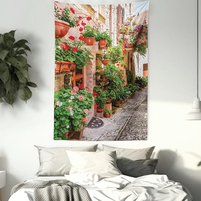 Ambesonne Italian Tapestry, Street View of a Small Renaissance Town with Floral Porches and Rock Mediterranean, Fabric Wall Hanging Decor for Bedroom Living Room Dorm, 23" X 28", Pale Brown