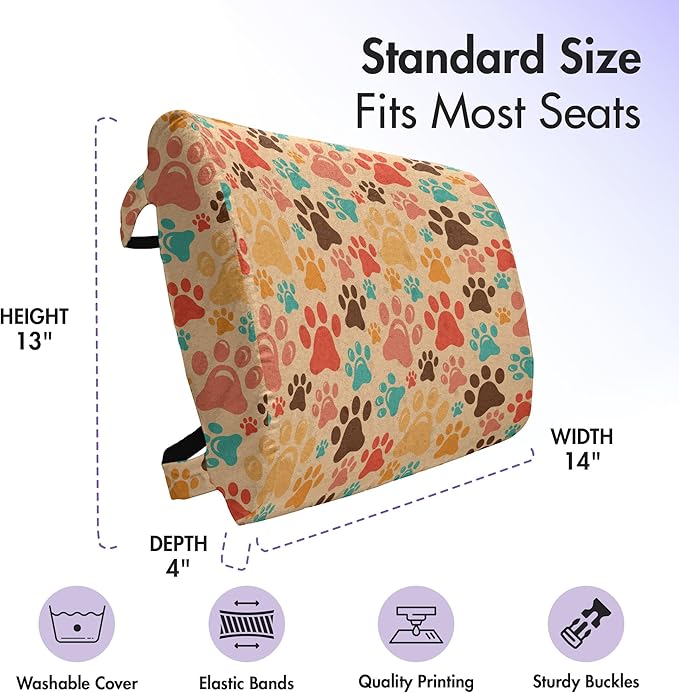 Ambesonne Dog Lover Lumbar Back Support Pillow, Colorful Paw Print Pattern with Various Sizes Abstract Animal Canine and Feline, High Density Foam for Office Chairs Car Seats, 14" x 13", Coffee Brown