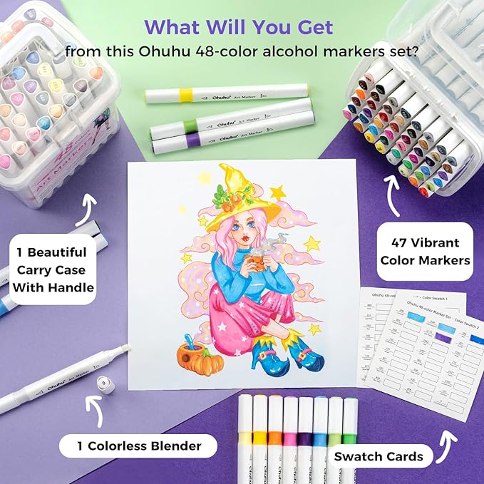 Ohuhu Markers, 48-color Double Tipped Alcohol Markers, Chisel & Fine Alcohol-based Art Marker Set for Adults Coloring Illustration, Great Value Pack for Students' Art Class, Better Designed Grip