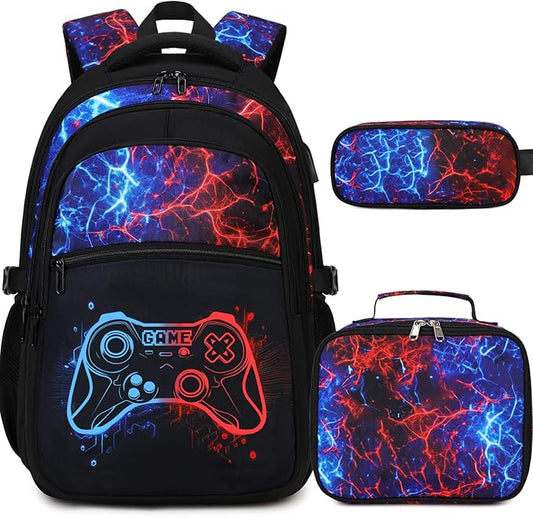 Boys Backpack for School, 3PCS Cool Luminous Gamer Backpack for Boys with Lunch Box Pencil Case, Kids Backpacks Bookbag for Teen Boy Elementary Middle High School with USB Charging Port