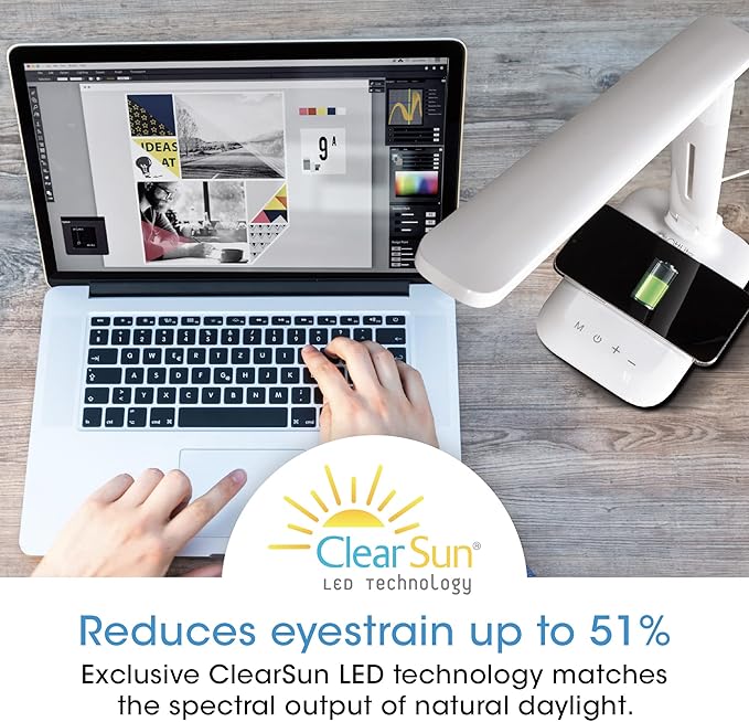 OttLite Charge Up LED Desk Lamp with Wireless Qi Charging & USB Charging Port, with ClearSun LED Technology - Adjustable Neck, 3 Color Temperature Modes, Reduces Eyestrain - Travel-Friendly Task Lamp