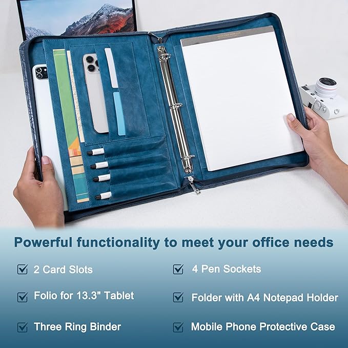 AZXCG Embossed Portfolio Binder,3-Ring Zipper Padfolio for Women and Men,A4/Letter Size,PU Leather with iPad,Professional Organizer for Resume/Interview
