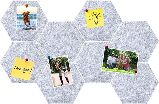 8Pcs Hexagon Felt Cork Board Tiles, Self Adhesive DIY Bulletin Board Pin Board for Office School Home Wall Decor Memos Photos Display (Light Grey)
