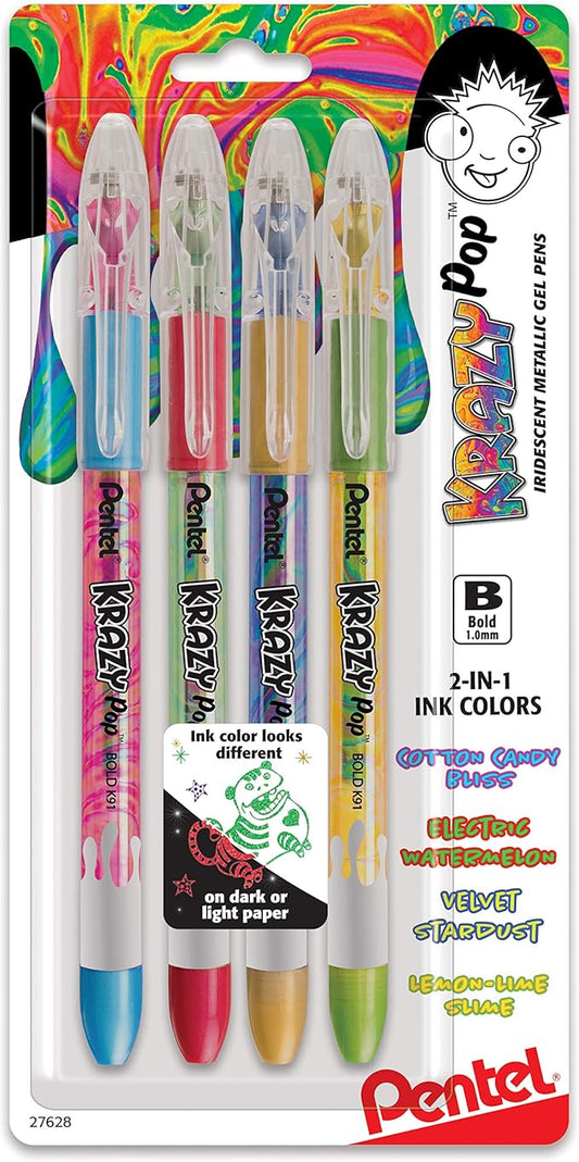 Pentel Krazy POP Beauty Beauty Iridescent Gel Pen, (1.0mm) Bold Line, Assorted Ink, Pack of 4 (K91BP4M3)