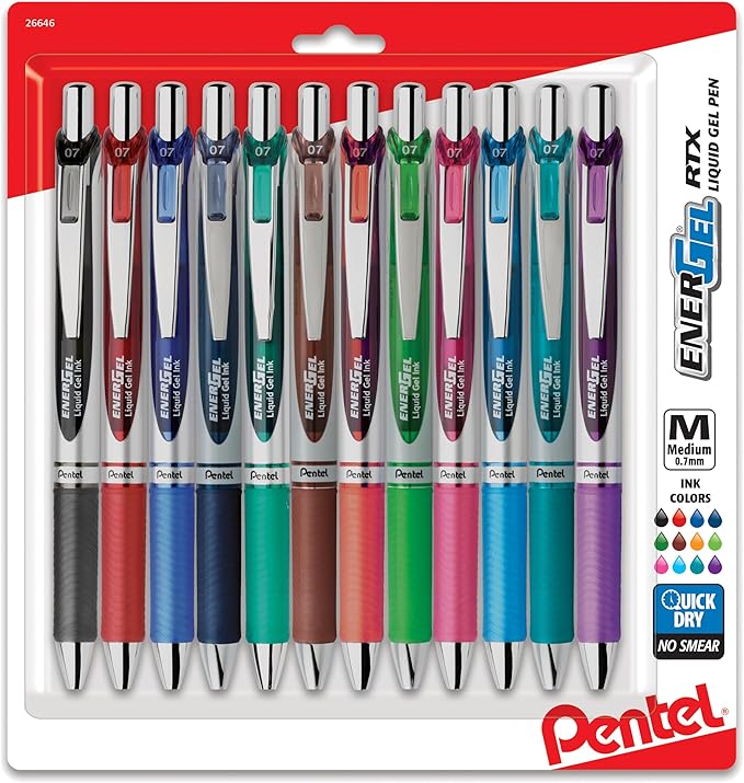 Pentel EnerGel RTX Retractable Liquid Gel Pens, (0.7mm), Assorted Colors, Ultimate Writing Pens, Best Writing Pens for Office, School and Journaling, Pack of 12