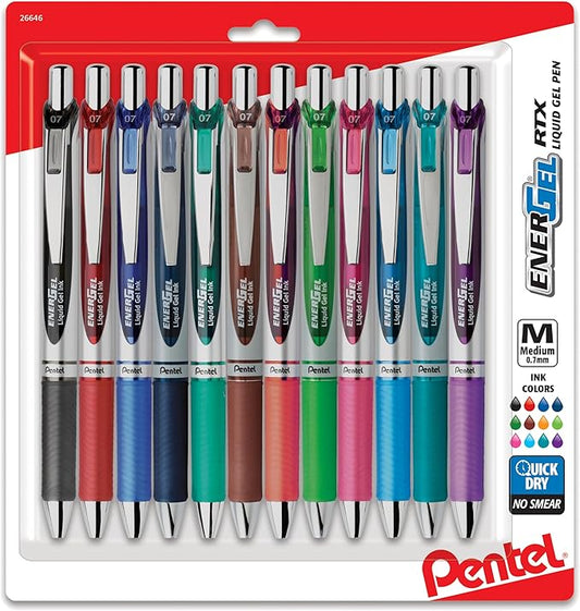 Pentel EnerGel RTX Retractable Liquid Gel Pens, (0.7mm), Assorted Colors, Ultimate Writing Pens, Best Writing Pens for Office, School and Journaling, Pack of 12