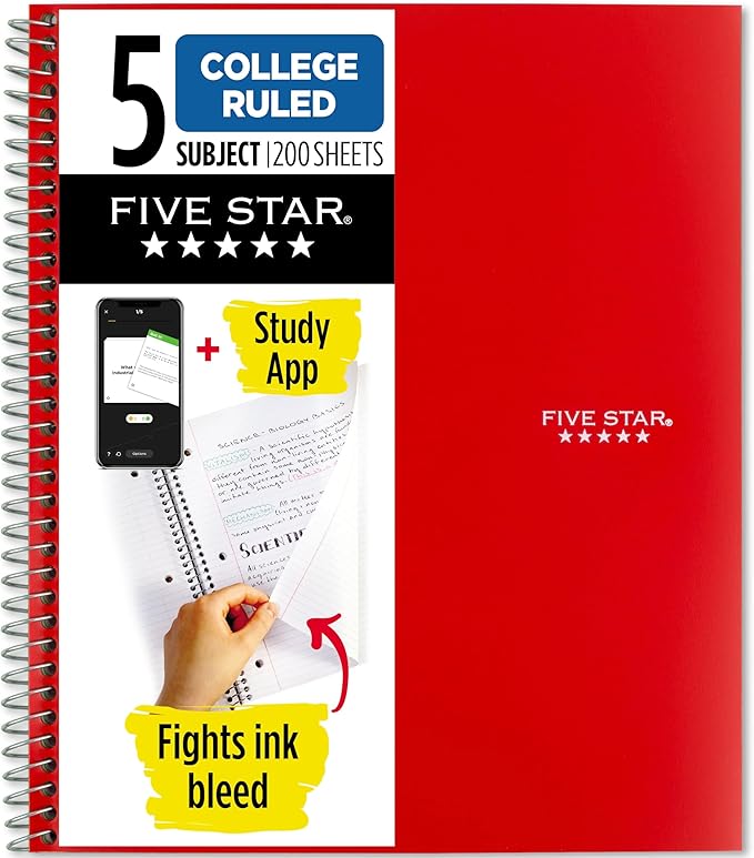 Five Star Spiral Notebook + Study App,5 Subject,College Ruled Paper,8-1/2" x 11",200 Sheets,Fights Ink Bleed,Water Resistant Cover,Fire Red (72077),(Pack of 6)