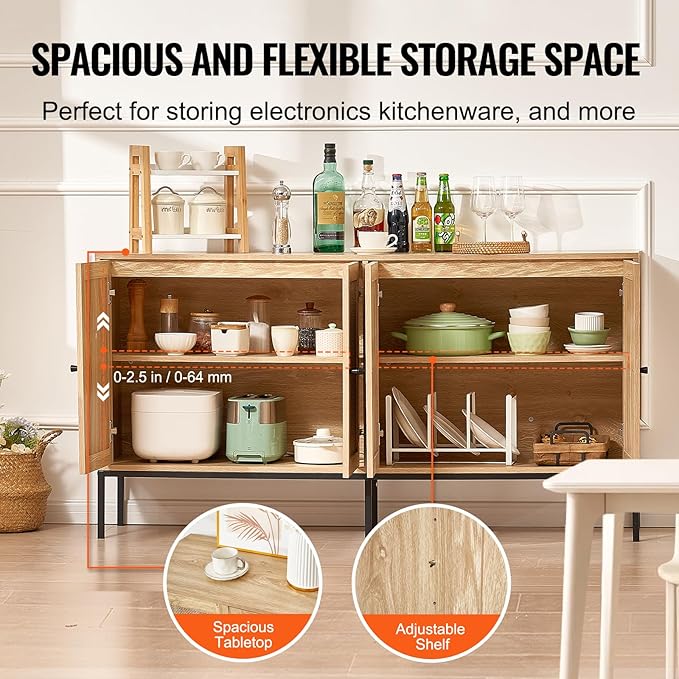 VEVOR Rattan Storage Cabinet with 4 Magnetic Doors and Adjustable Shelves, Sideboard Buffet for Hallway, Entryway, Living Room, or Kitchen, Natural