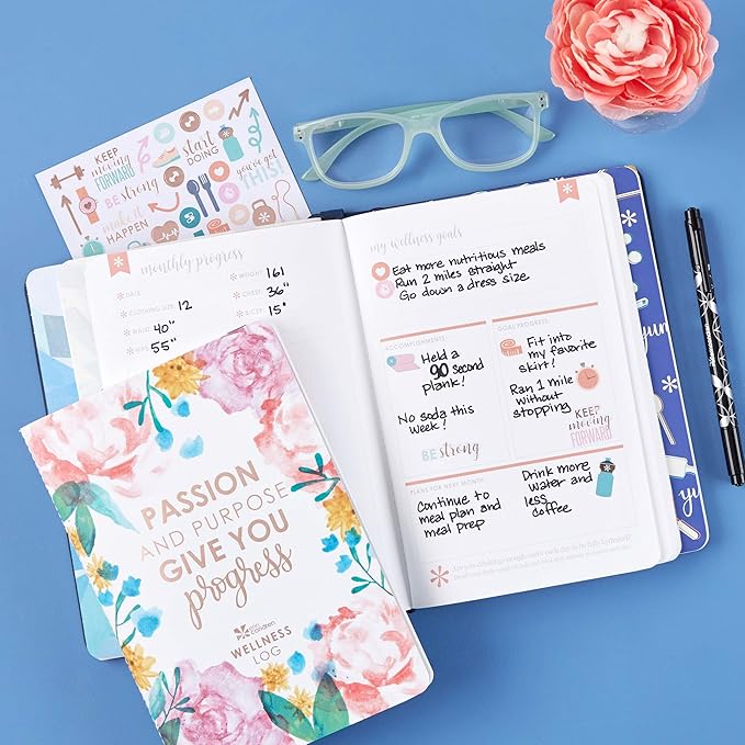 Erin Condren Designer Petite Planner - Wellness Log Edition 3, Track Habits for Sleep, Water Intake, Steps Taken, and Goals. Includes Inspirational and Fun Sticker Set