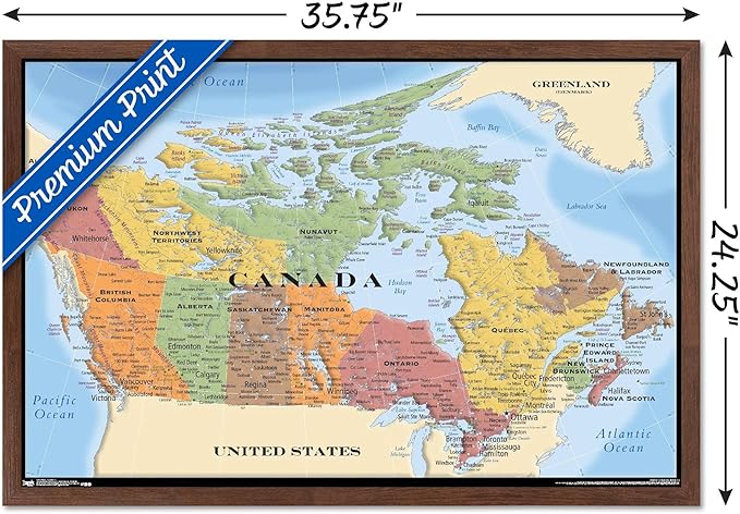 Map - Canada Wall Poster, 34L" x 22.4W", Mahogany Framed Version