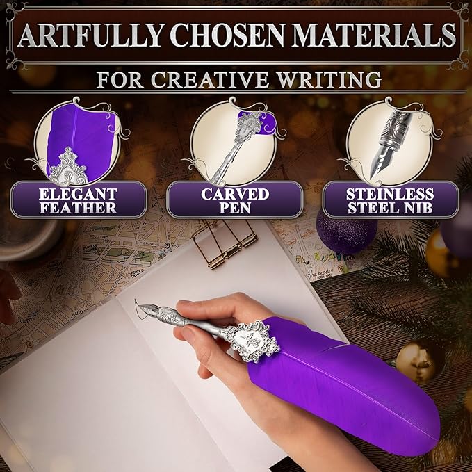 Victorian Writing Quill and Ink Set – Stainless Steel Dip Pen Feather Quill Pen and Ink Set with 5 Nib Refills, Secure Textured Grip, Gift-Ready Box with Display Stand – Calligraphy Gift Set (Purple)