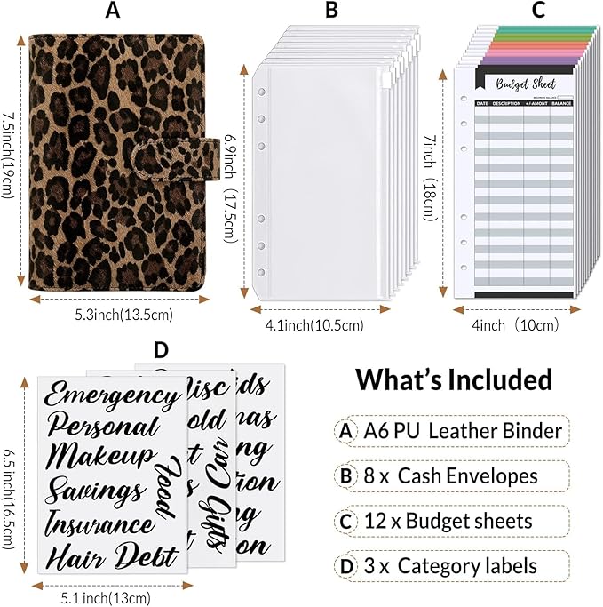 SKYDUE A6 Budget Binder with Zipper Envelopes, Money Organizer for Cash with 12Pcs Expense Budget Sheet & 24Pcs Stickers, Cash Envelopes for Budgeting and Saving