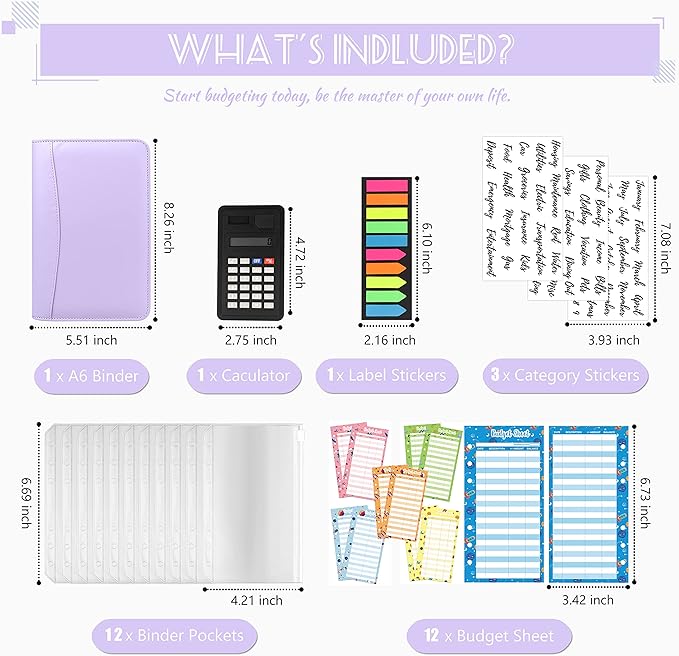 Budget Binder with Zipper Envelopes, Cash Envelopes for Budgeting, A6 PU Leather Budget Planner 2026 with Cash Envelopes Calculator, Bill Money Organizer for Cash Saving Budget System Wallet
