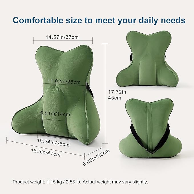Lumbar Support Pillow(Pat. Pend) for Lower Back Pain Relief – Multi-Functional Ergonomic Lumbar Cushion, Reading Pillow for Office Chair, Car Seat & Sofa,Olive Green