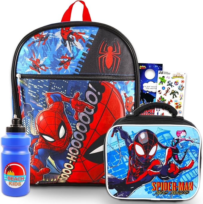 Spiderman Backpack with Lunch Box Set - Bundle of 16” Miles Morales Backpack, Lunch Bag, Water Bottle, Stickers, More | Spiderverse School Supplies