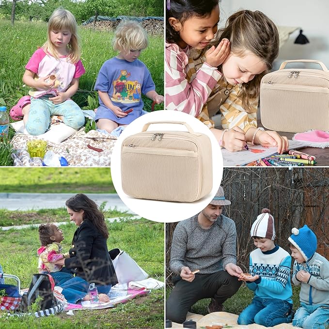 Bluboon Kids Girls Lunch Bag Insulated Lunch Box for school Corduroy Lunch Cooler Organizer School Kids Lunch Tote (Corduroy-White)