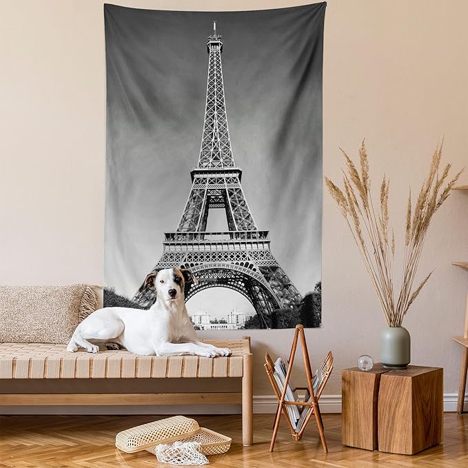 Ambesonne Eiffel Tower Tapestry, Paris Landmark Monochrome Picture of Cityscape European Urban Famous Place Image, Fabric Wall Hanging Decor for Bedroom Living Room Dorm, 23" X 28", Grey