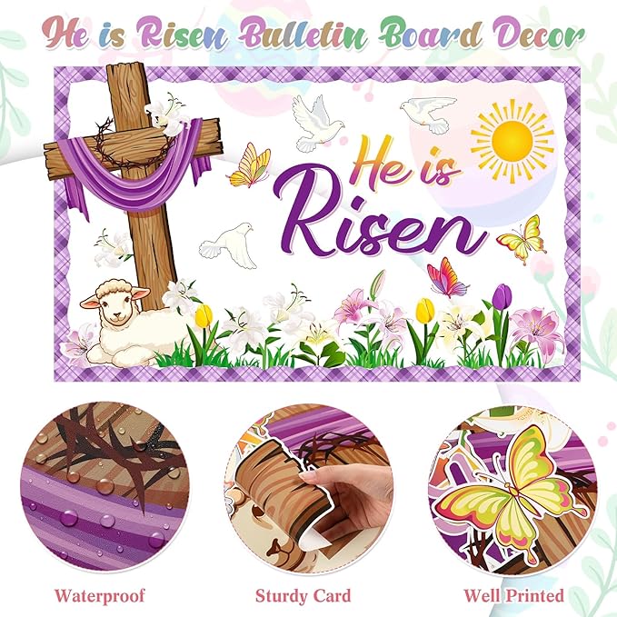 Pajean Easter Bulletin Boards Easter Classroom Decor Christian Religious Bulletin Board He is Risen Cross Bunny Egg Cutouts for Spring School Home Church Wall Door(Cross)