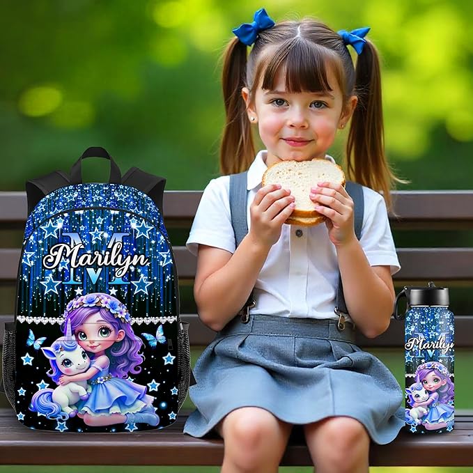 Custom Kids Backpack with Lunch Box Personalized Name Bookbag for Girls Back to School Blue Backpacks for Elementary Middle School Boys